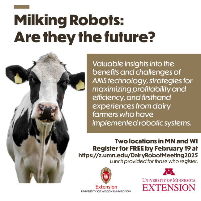 Graphic promoting a conference on automatic milking systems with the title 'Milking Robots: Are they the future?' alongside a close-up image of a Holstein cow.