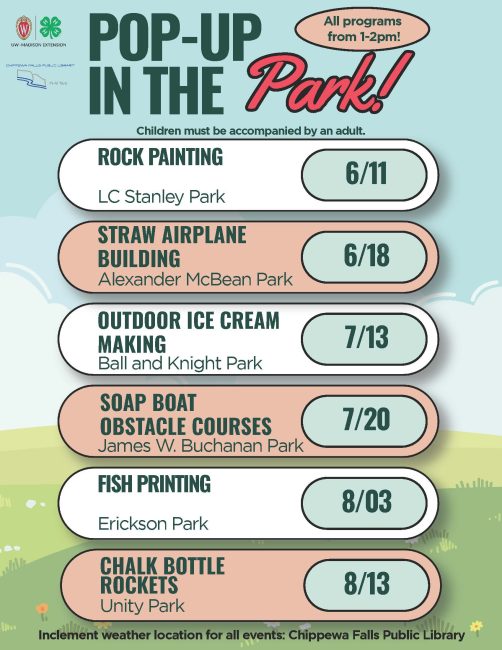 pop up in park flyer with dates, 6/11,6/18, 7/13, 7/20, 08/03, 8/13, at 1pm
