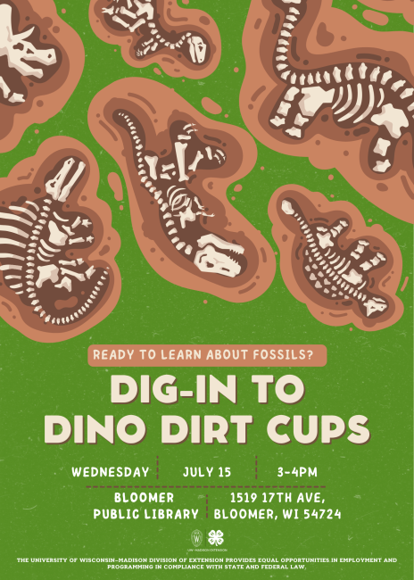Dig into dino cups poster, july 15 3-4pm, bloomer library