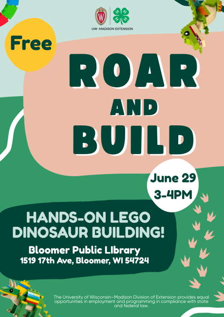 roar & build poster, june 29, 3-4pm, bloomer library